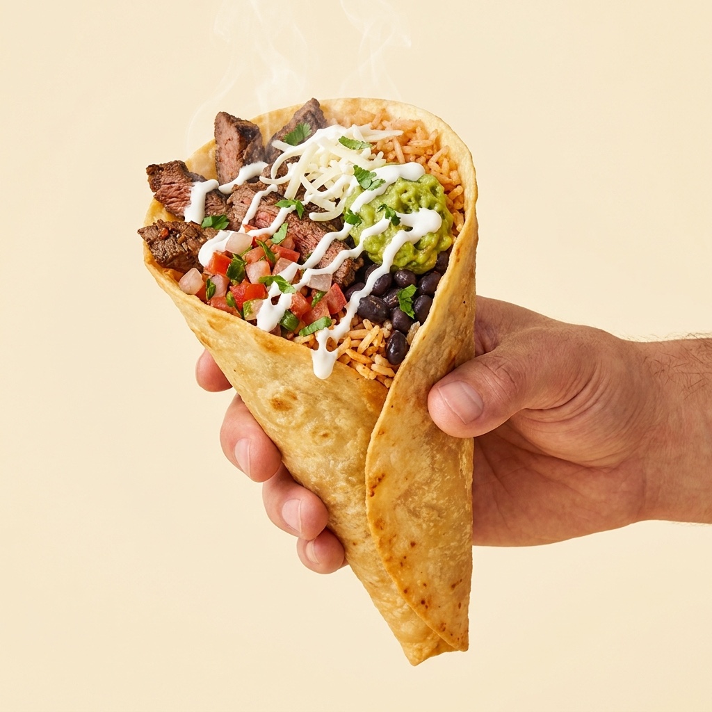 The Mexi-Boys Cone — a crispy fried tortilla cone stuffed with steak, rice, beans, pico, guacamole and crema, held in hand