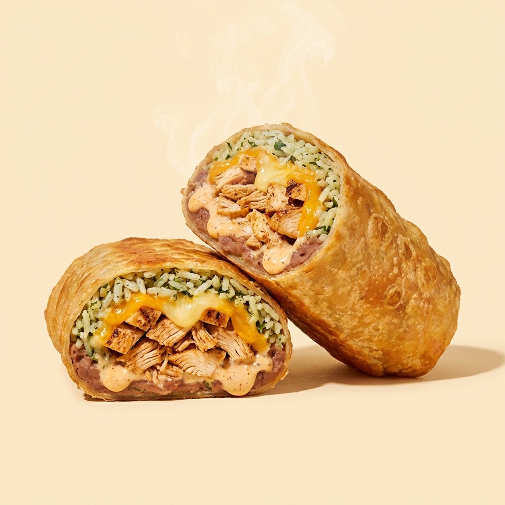 The Fried Burrito cut in half showing molten cheese, chicken, rice and beans inside a golden fried tortilla
